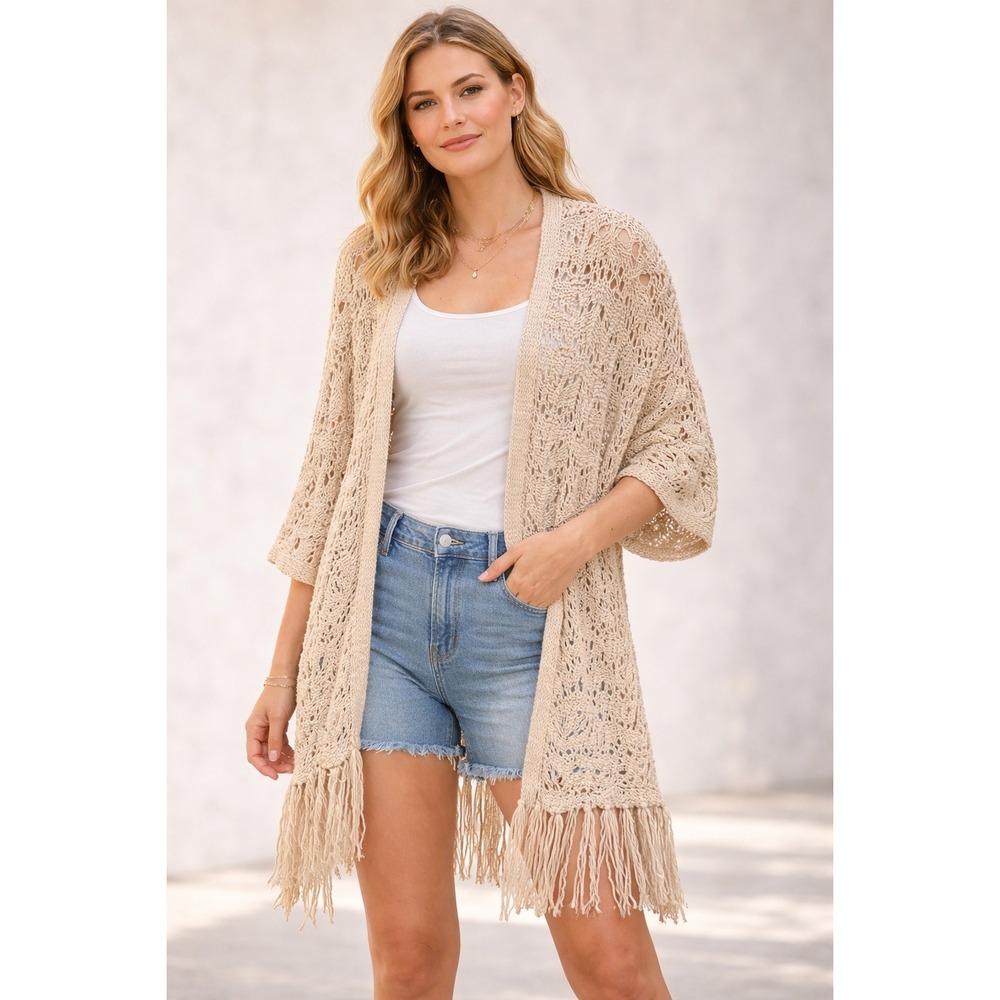 American Eagle Outfitters Beige Crochet Knit Fringe Kimono Cardigan XS S‎